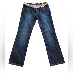 Johnny Girl Dark Wash Bootcut Denim Jeans Tweed Trim Y2K Boho Western Size 14/15